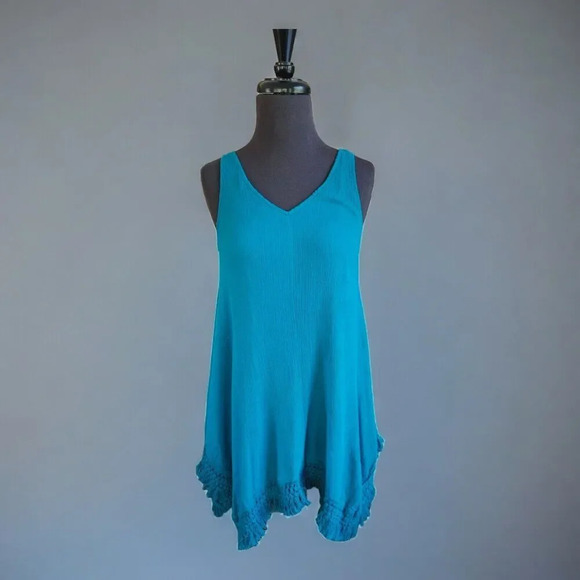Umgee Dresses & Skirts - Umgee Sleeveless Gauze Mini Dress Teal  Tassel Fringe Crochet Small Boho Summer